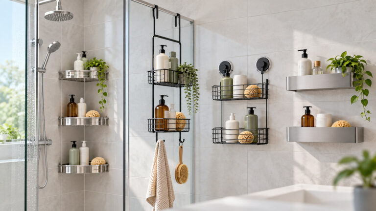 Bathroom caddy shelf options in varied mounting styles arranged in a bright tiled shower.