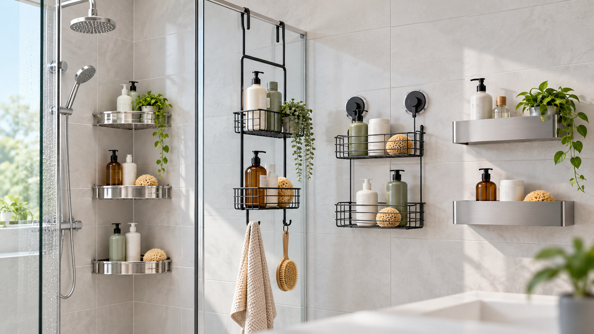Bathroom caddy shelf options in varied mounting styles arranged in a bright tiled shower.