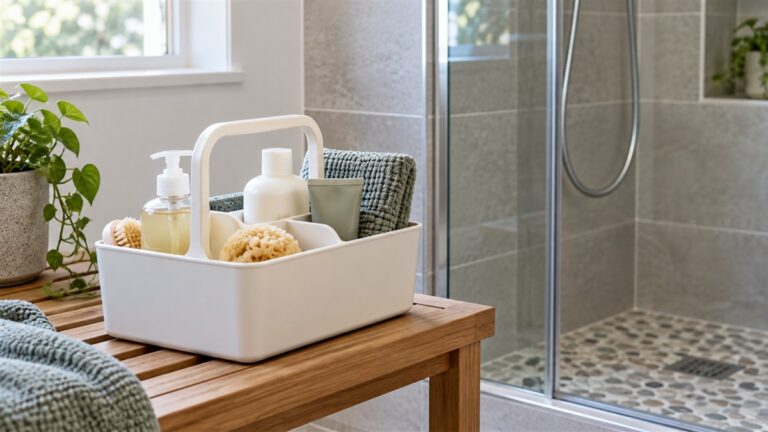 A compact handled bathroom caddy holds plain toiletries beside a shower.