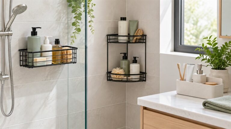 Bathroom caddies arranged across shower walls and a countertop.