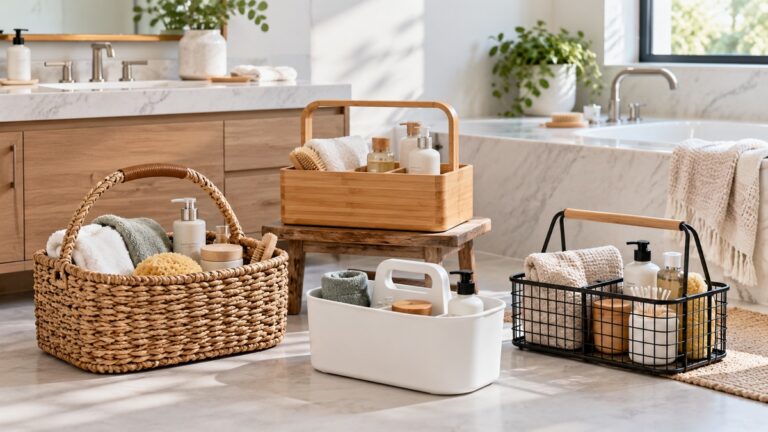 Woven, bamboo, plastic, and wire handled bathroom caddies are arranged for comparison.