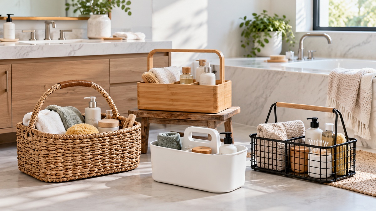 Woven, bamboo, plastic, and wire handled bathroom caddies are arranged for comparison.