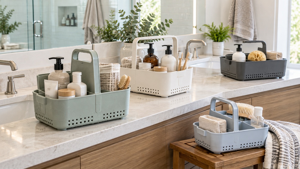 Portable bathroom carry caddies with varied handles and compartments in a modern bathroom.