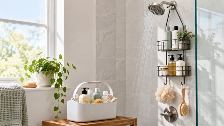 A bright bathroom corner showing portable and hanging shower caddy styles beside a showerhead.