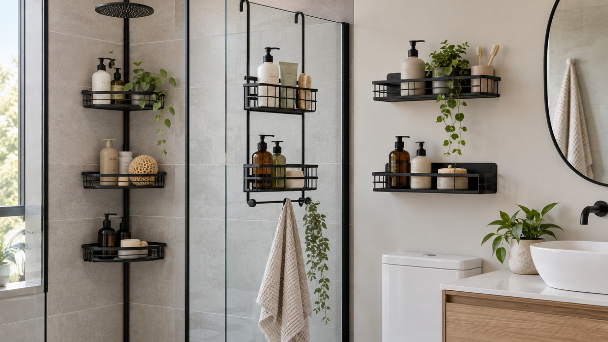 Several matte-black bathroom caddy styles arranged in a bright modern bathroom.