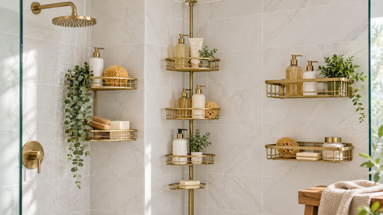 Several brass-finish bath caddies arranged in a clean tiled shower.