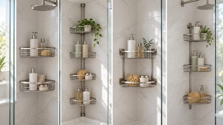 Brushed nickel corner shower caddies displayed in a bright tiled shower.