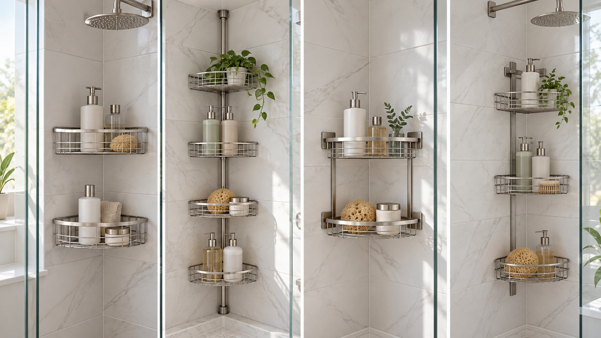 Brushed nickel corner shower caddies displayed in a bright tiled shower.