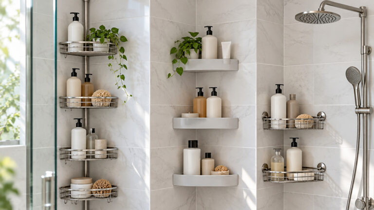 Different corner shower caddy shelf options arranged in a bright tiled shower.