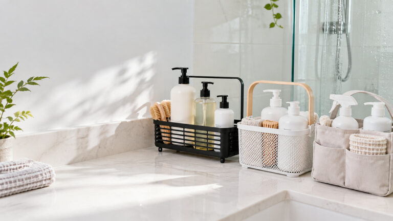 A row of portable plastic, mesh, and fabric caddies holding shower and cleaning bottles on a bathroom counter.