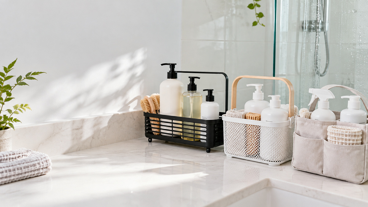 A row of portable plastic, mesh, and fabric caddies holding shower and cleaning bottles on a bathroom counter.