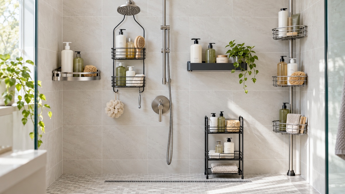 Several shower caddy tray styles are compared in a bright tiled bathroom.