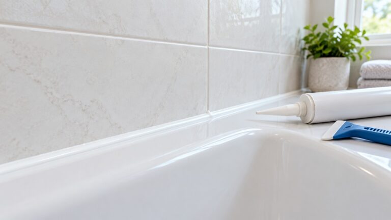 A bead of white silicone caulk along the edge of a bathtub, with a caulk tube and a smoothing tool on the tub rim.