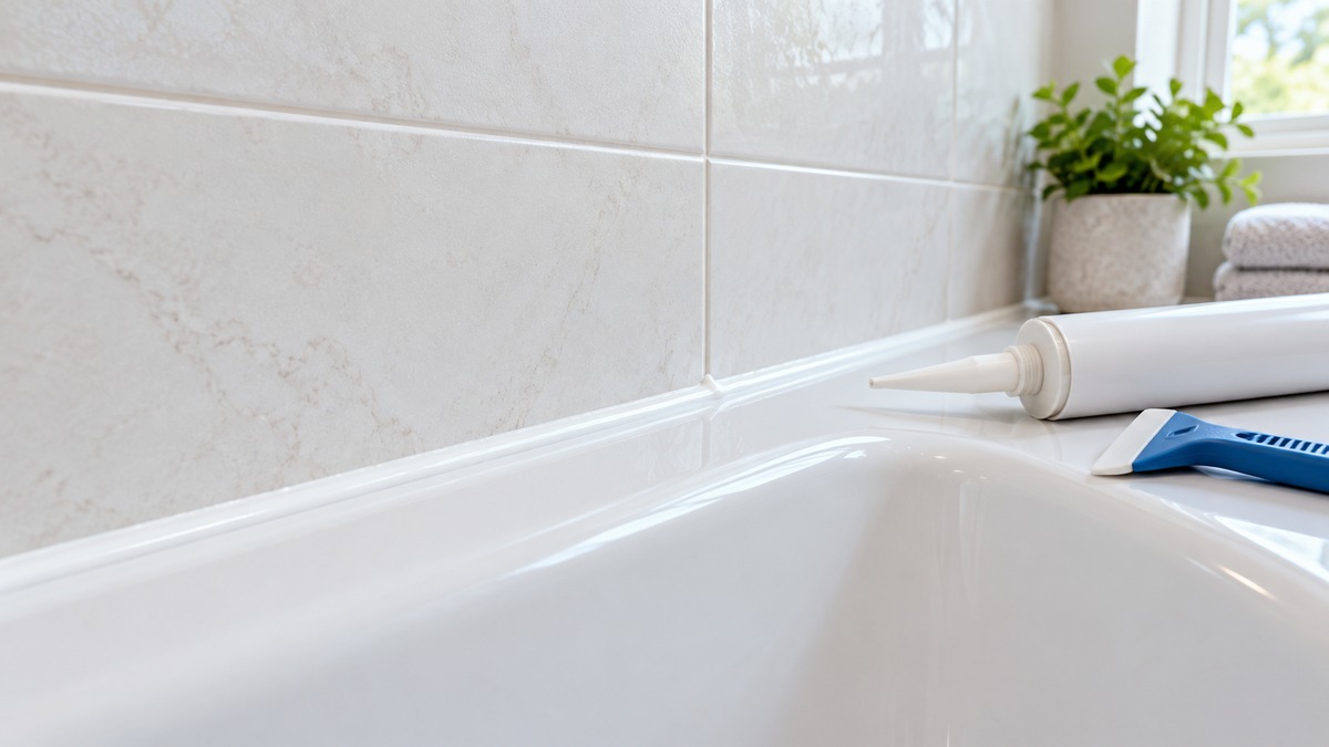 A bead of white silicone caulk along the edge of a bathtub, with a caulk tube and a smoothing tool on the tub rim.