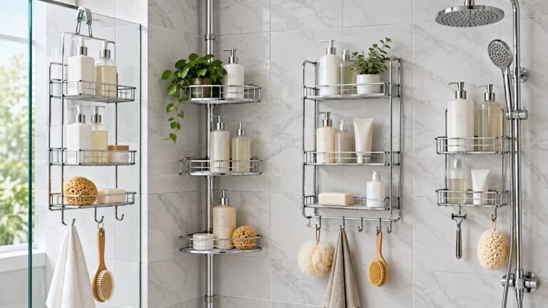 Several chrome bathroom caddies hold plain toiletries in a bright tiled shower.