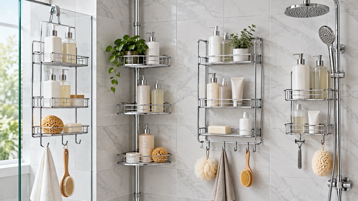 Several chrome bathroom caddies hold plain toiletries in a bright tiled shower.