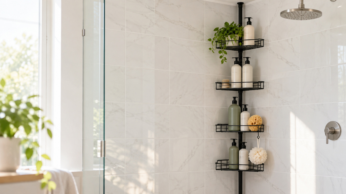 A bright corner shower with a four-tier black tension caddy holding shampoo bottles and a loofah.