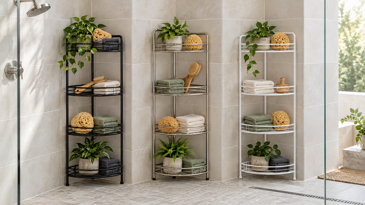 Three free-standing corner shower caddies holding towels, brushes, sponges, and plants.