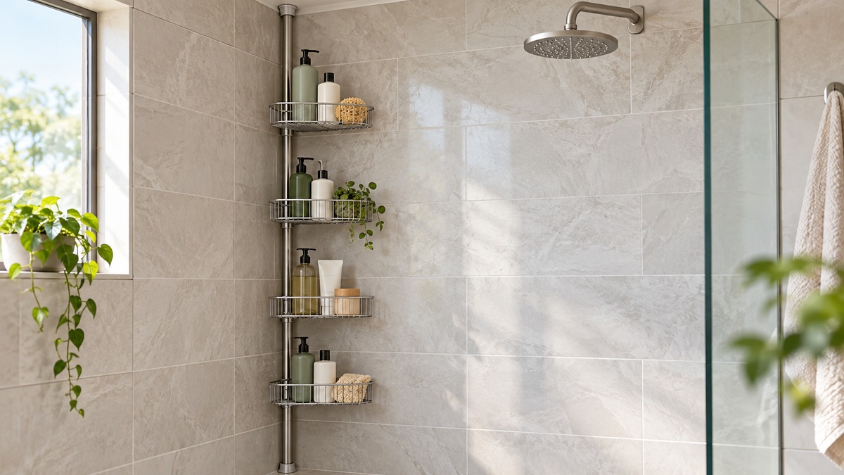 A floor-to-ceiling tension pole caddy with four baskets installed in a tiled shower corner.