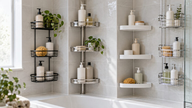 Corner tub caddy options are compared in a bright tiled bathroom.
