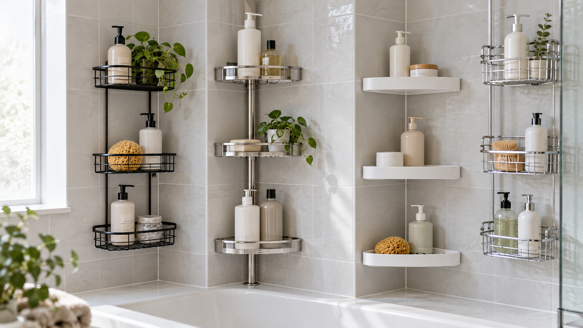 Corner tub caddy options are compared in a bright tiled bathroom.
