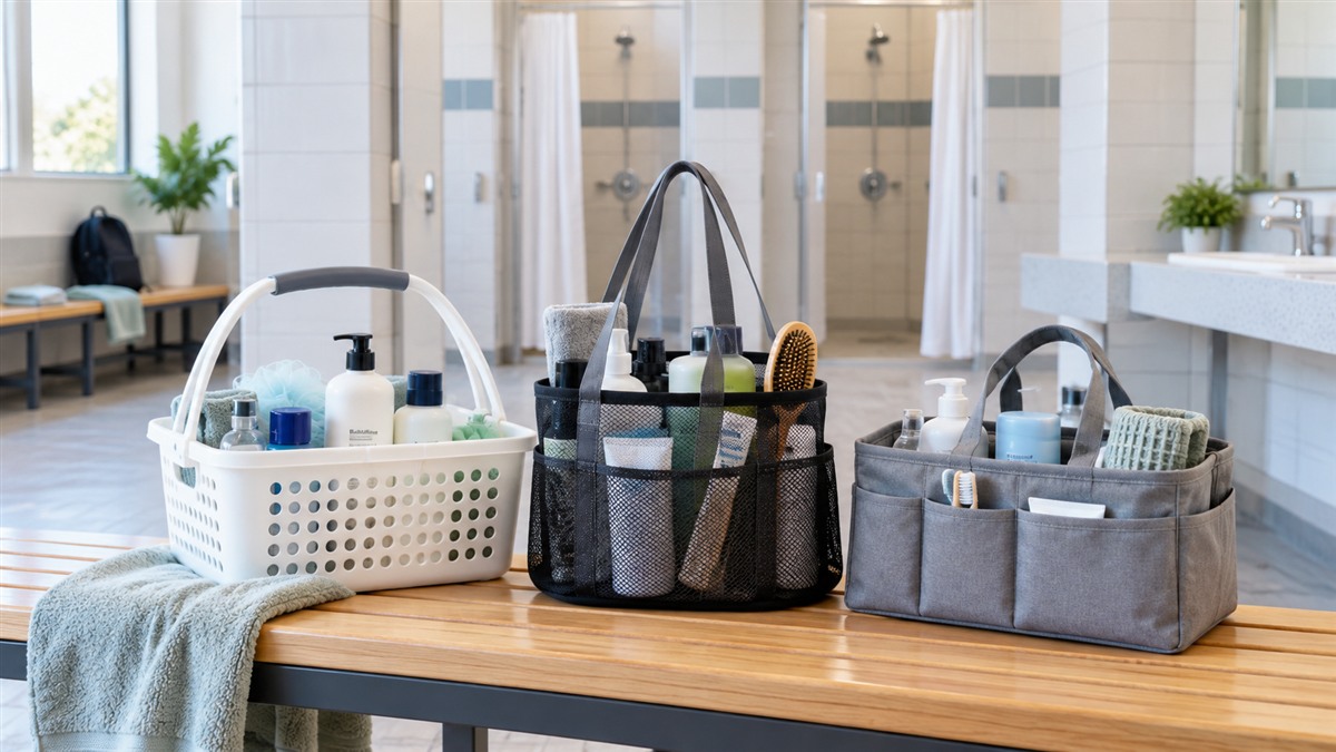 Three portable bath caddies arranged on a bench in a shared bathroom.