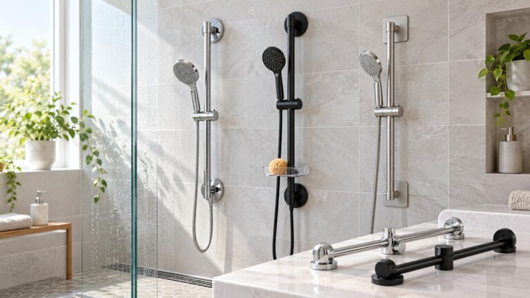 Several drill-free shower slide bars are compared in a bright tiled shower.