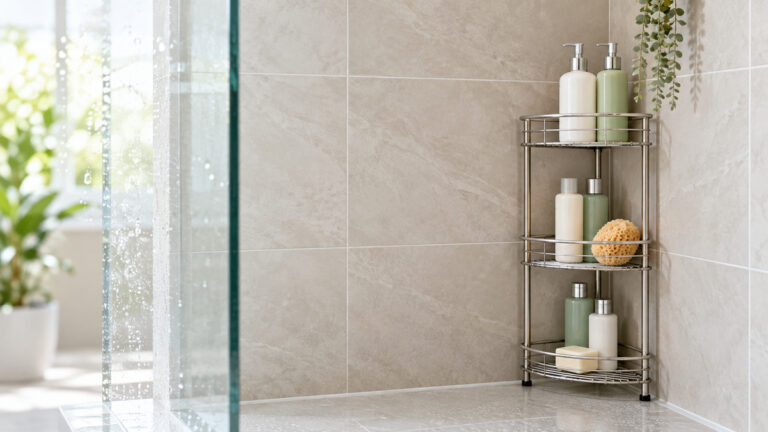 A stainless free standing corner shower caddy with bottles in a tiled shower corner.