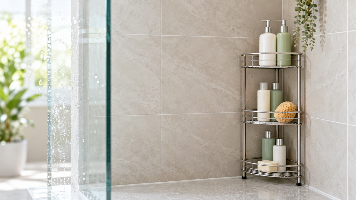 A stainless free standing corner shower caddy with bottles in a tiled shower corner.