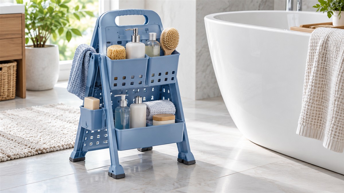 A blue folding plastic bath caddy with a carry handle standing on a bathroom floor beside a tub.