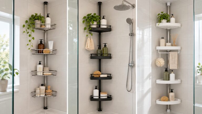 Several generic tension-pole shower caddies compared in a clean tiled shower.