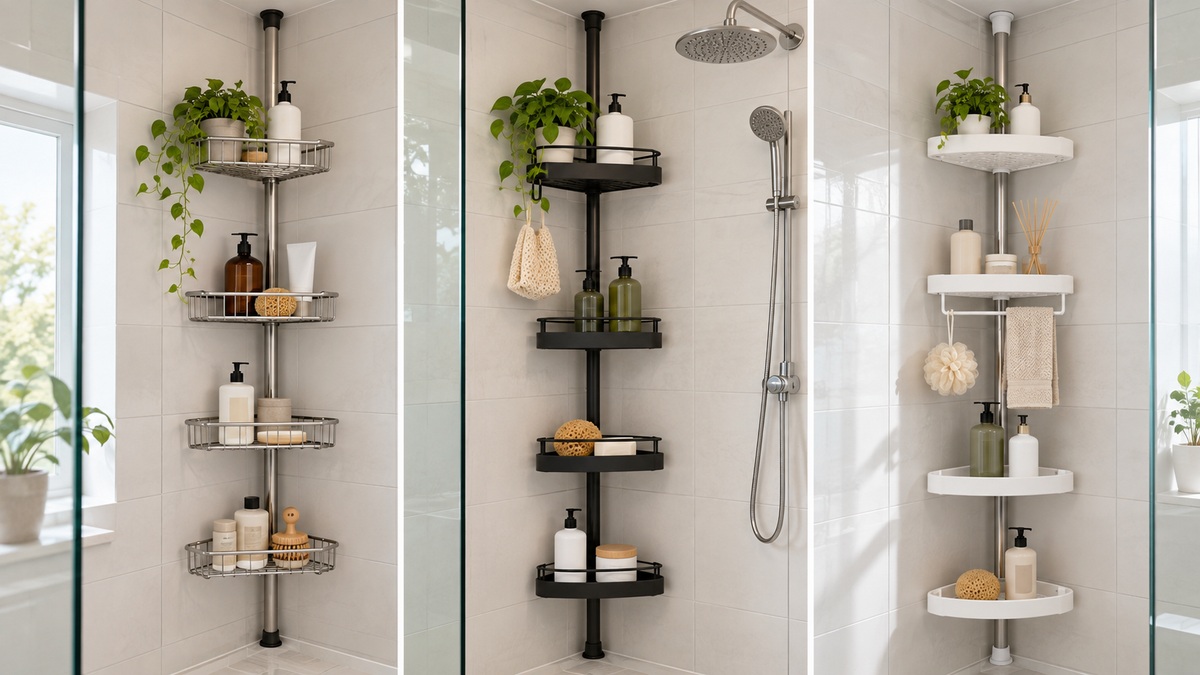 Several generic tension-pole shower caddies compared in a clean tiled shower.