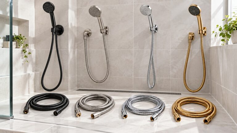 Four handheld shower hose styles and matching coiled extensions are compared in a tiled shower.