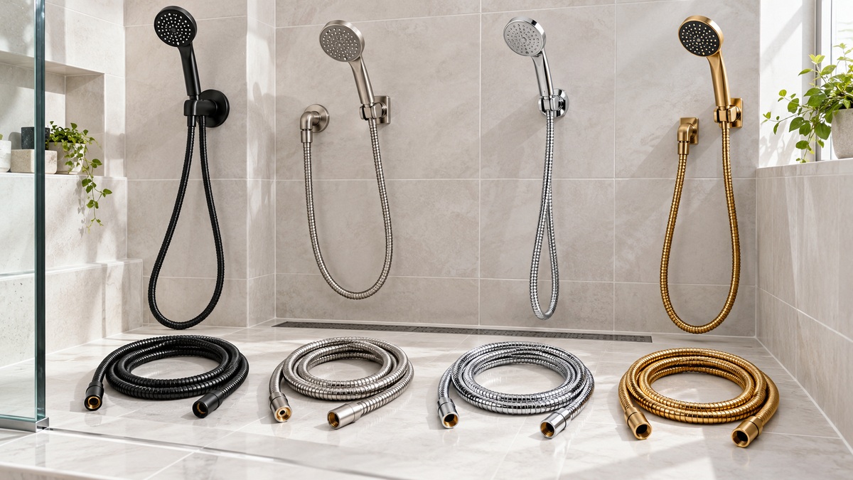 Four handheld shower hose styles and matching coiled extensions are compared in a tiled shower.