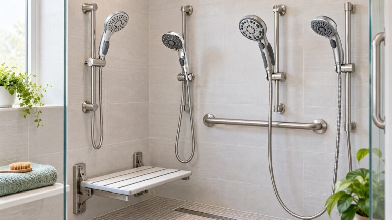 Ergonomic handheld shower heads are compared in a bright accessible shower with a bench and grab bar.