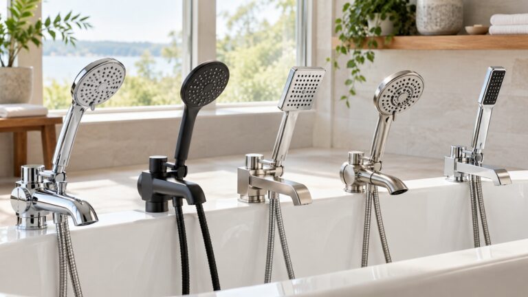 Five handheld shower head and tub faucet configurations arranged in a bright bathroom.