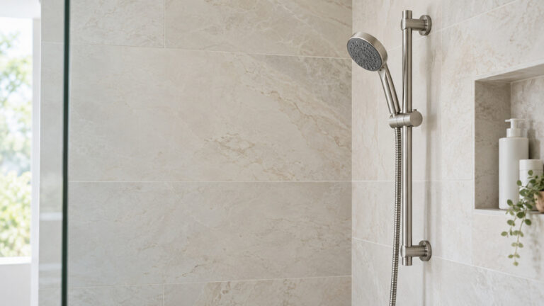 A side view of a slide bar with handheld shower head and hose mounted on a tiled shower wall.