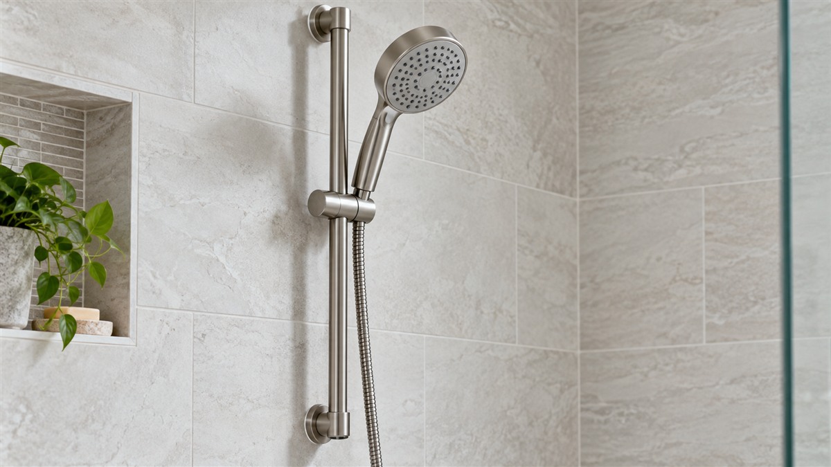 A brushed metal handheld shower head rests on an adjustable vertical slide bar.