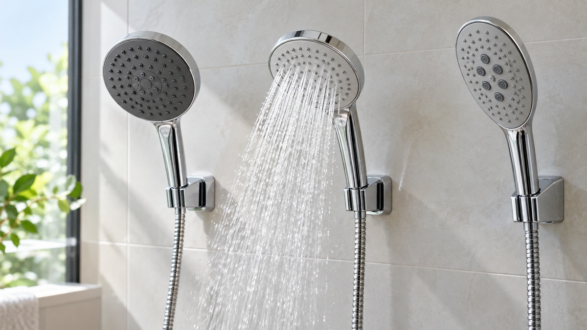 Handheld shower heads with different spray patterns are displayed in a bright tiled shower.