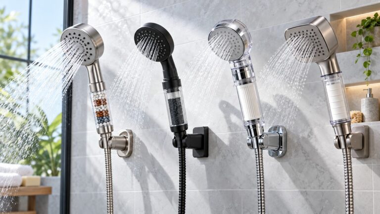 Filtered handheld shower heads compared in a modern shower