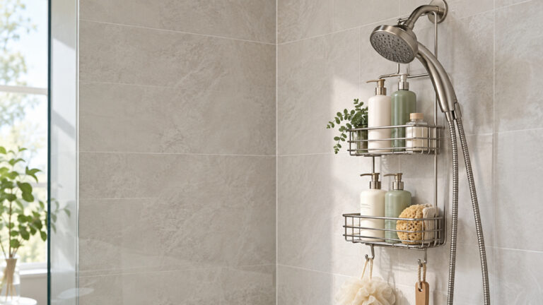 A hanging shower caddy mounted on a shower arm with a handheld shower head hose hanging free beside full baskets.