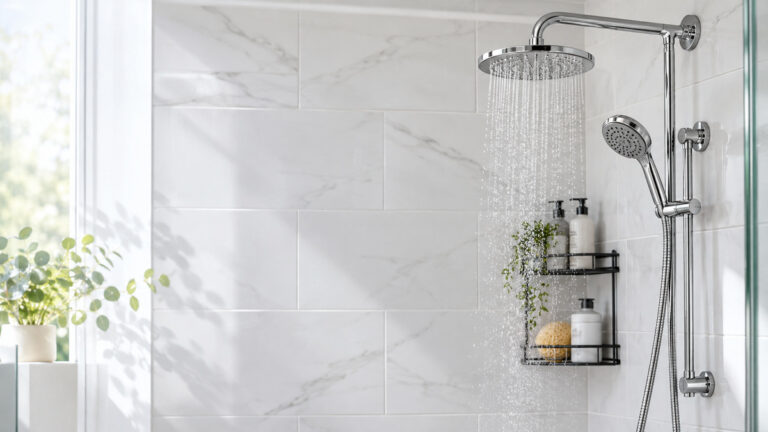 A chrome fixed and handheld shower heads mounted in a bright tiled shower to show size and spray face.