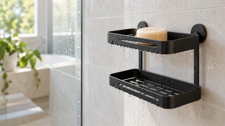 A small black two-tier bar holder on a smooth tiled shower wall, with a shampoo bar sitting in the top tier.