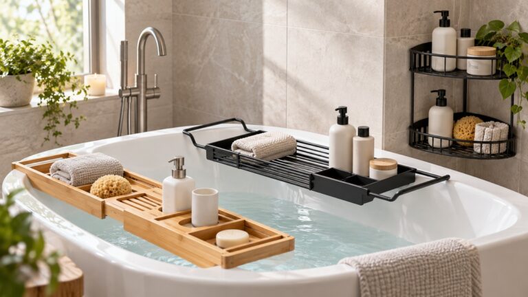 Large bamboo metal and corner bath caddies arranged around a bright modern bathtub.