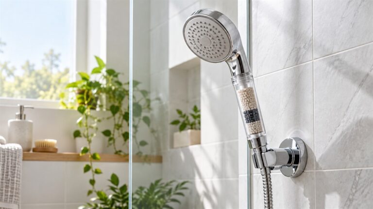 A chrome filtered handheld shower head on a wall bracket in a bright bathroom, with the filter cartridge clearly visible.