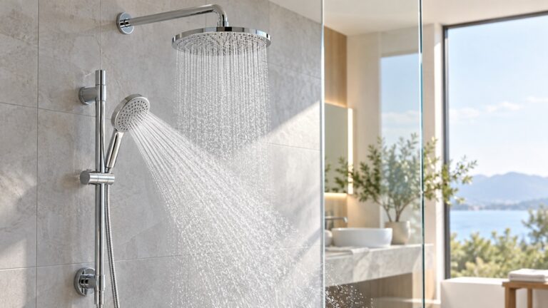 A chrome handheld shower head with a rain head above it, shown in a bright bathroom with a soft spray of water.