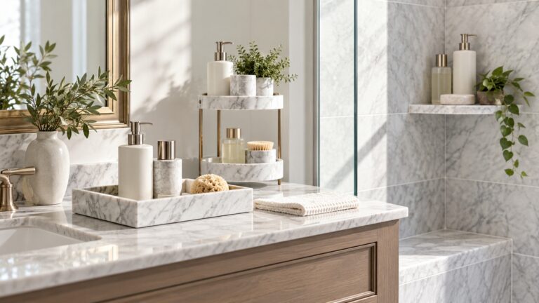 Marble-look trays and tiered caddies are compared in a bright bathroom.
