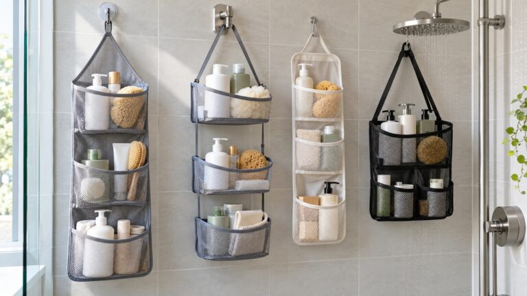 Several mesh shower caddies hang neatly in a bright tiled shower.