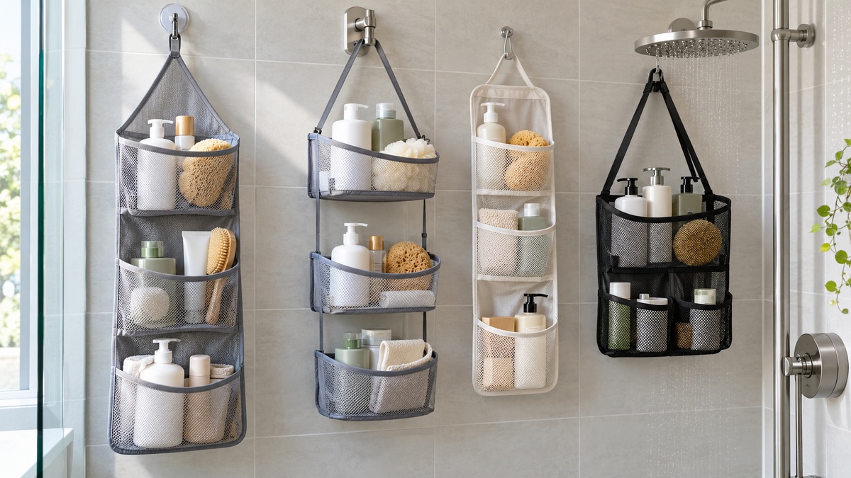 Several mesh shower caddies hang neatly in a bright tiled shower.