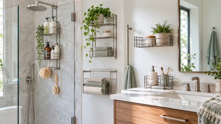Several metal bathroom caddies provide organized storage in a bright modern bathroom.